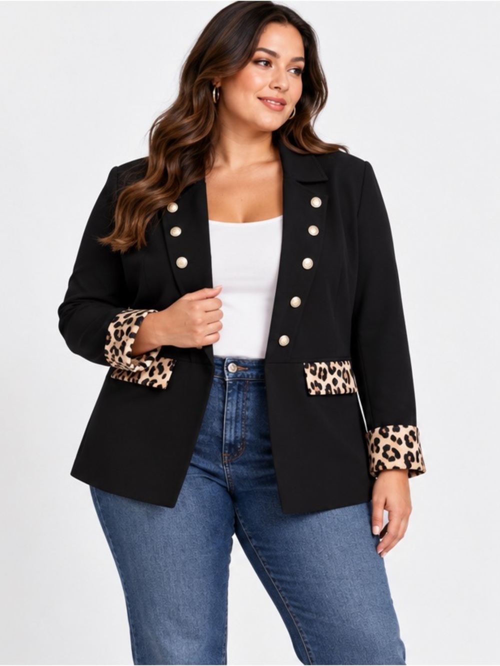 Chico’s Size 16 Black Military Blazer Leopard Print Trim Gold-Tone Buttons